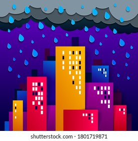 City houses buildings under rain in the night paper cut cartoon kids game style vector illustration, modern minimal design of cute cityscape, urban life, clouds and rain in sky midnight.