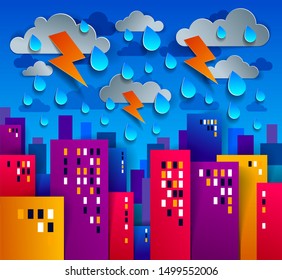 City houses buildings under thunderstorm and lightning paper cut cartoon kids game style vector illustration, modern minimal design of cute cityscape, urban life, clouds and rain in sky.