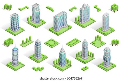 City houses isometric composition with  skyscrapers isolated vector illustration