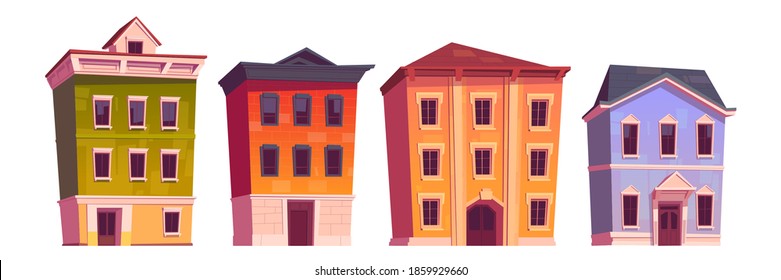 City houses, old buildings for apartments, office or store isolated on white background. Vector cartoon set of urban residential houses, town real estate facades