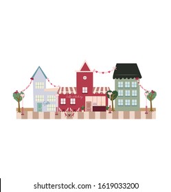 City houses. Romantic street. Small colored buildings. Perfect for Valentine Day. Vector illustration isolated on white background 