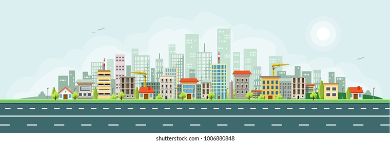 City houses skyline vector banner.