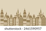 City houses street. Traditional European old town. Town hall, chapel, beautiful houses. Street of the old town. Flat cartoon  historic buildings city town. Panorama. cartoon landscape. Vector 