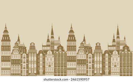 City houses street. Traditional European old town. Town hall, chapel, beautiful houses. Street of the old town. Flat cartoon  historic buildings city town. Panorama. cartoon landscape. Vector 