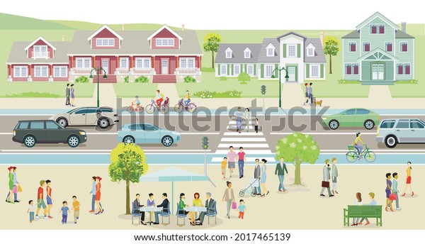 City with houses and traffic, pedestrians on\
the sidewalk -\
illustration