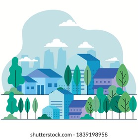 City houses with trees and clouds design, architecture and urban theme Vector illustration