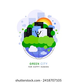 City with human person on a Earth globe. Simple flat illustration. Vector file.