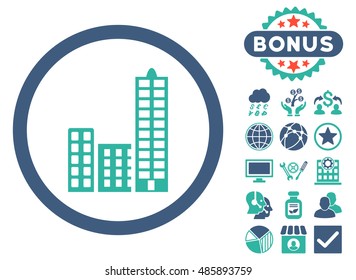 City icon with bonus design elements. Vector illustration style is flat iconic bicolor symbols, cobalt and cyan colors, white background.