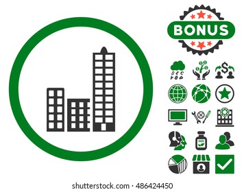 City icon with bonus pictogram. Vector illustration style is flat iconic bicolor symbols, green and gray colors, white background.