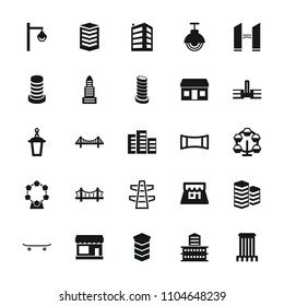 City icon. collection of 25 city filled icons such as store, business center, building, bridge, school, carousel, street lamp. editable city icons for web and mobile.