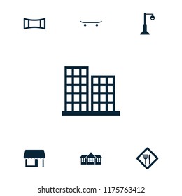 City icon. collection of 7 city filled icons such as business center, street lamp, panorama mode, restaurant, skateboard, store. editable city icons for web and mobile.