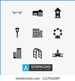 City icon. collection of 9 city filled icons such as building, school, street lamp, playground ladder, skateboard. editable city icons for web and mobile.