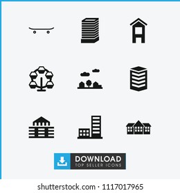 City icon. collection of 9 city filled icons such as business center building, carousel, building, skateboard. editable city icons for web and mobile.