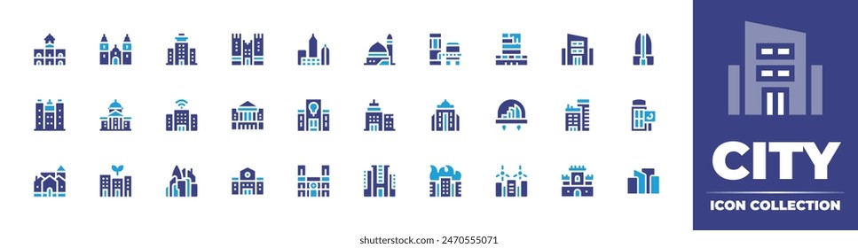 City icon collection. Duotone color. Vector illustration. Containing officebuilding, cityscape, city, sustainable, castle, cityhall, architectureandcity, building, village, townhall, skycraper, bank.