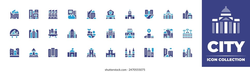 City icon collection. Duotone color. Vector illustration. Containing cityhall, financial, sustainable, pollution, city, buildings, castle, fyingcity, architectureandcity, benthanhmarket, office.