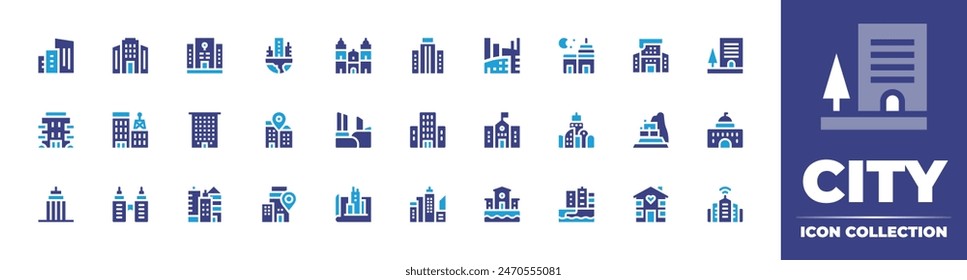 City icon collection. Duotone color. Vector illustration. Containing condo, flat, townhall, architect, skyscrapper, office, city, architectureandcity, smartcity, skyscraper, block, orphanage.