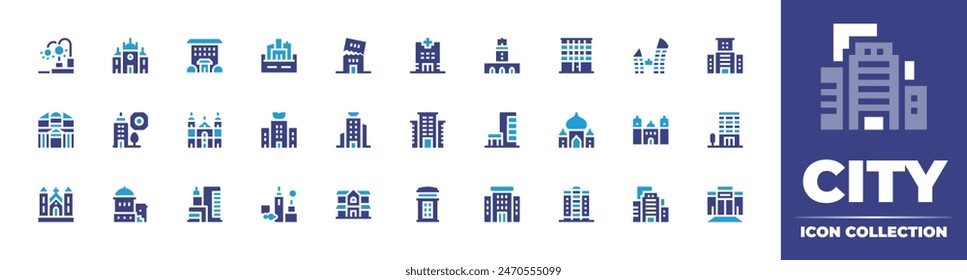 City icon collection. Duotone color. Vector illustration. Containing building, mansion, greencity, architectureandcity, setting, santorini, skyscraper, nightclub, company, tajmahal, office.