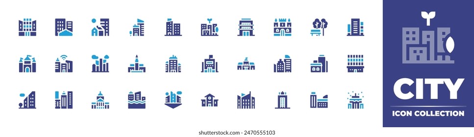 Stadt-Symbol Kollektion. Zweitonfarbe. Vektorillustration. Enthält Gebäude, Hochwasser, Schloss, Stadt, SmartCity, Schule, Rathaus, Parlament, Gebäude, Wolkenkratzer, Casablanca, NGO, Architektur.