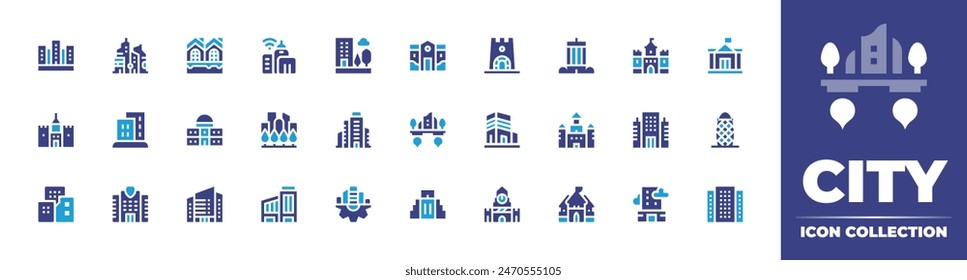 City icon collection. Duotone color. Vector illustration. Containing smartcity, greens, skyscrapper, redsquare, building, floatingisland, migration, gherkin, castle, cityhall, skyscraper, office.