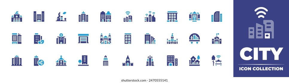 City icon collection. Duotone color. Vector illustration. Containing city, building, hospital, garage, bomjesusdomonte, spasskayatower, church, parliament, village, officebuilding.
