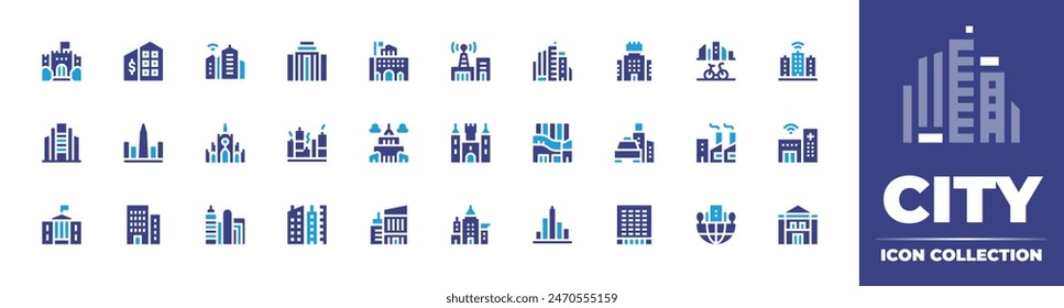 City icon collection. Duotone color. Vector illustration. Containing buildings, castle, corporate, skyline, city, architecture, obelisk, building, taxi, officebuilding, company, factory, whitehouse.