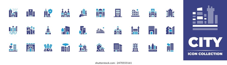 City icon collection. Duotone color. Vector illustration. Containing city, house, chryslerbuilding, skyline, overpopulation, building, destruction, citygate, smartcity, architectureandcity, kibera.