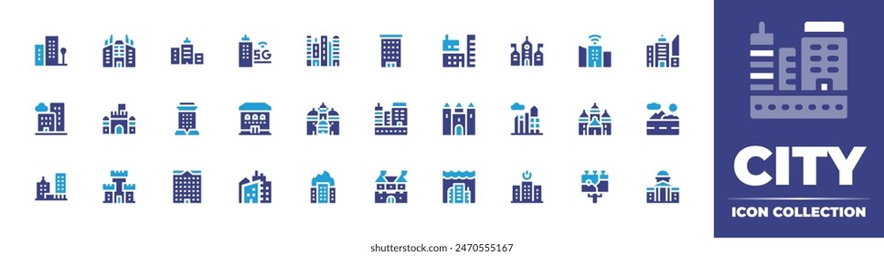 City icon collection. Duotone color. Vector illustration. Containing building, castle, buildings, road, officebuilding, city, retirementhome, citymap.