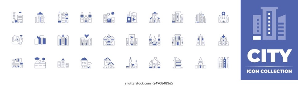 City icon collection. Duotone style line stroke and bold. Vector illustration. Containing city, cityscape, financial, sustainable, researchcenter, skyscrapper, cathedraloflima, skycraper.