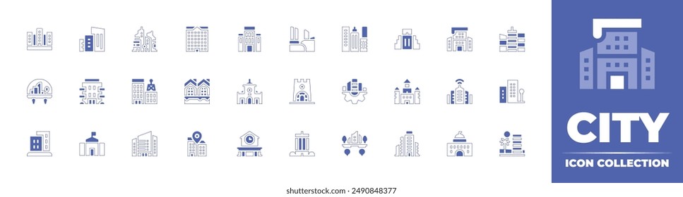 City icon collection. Duotone style line stroke and bold. Vector illustration. Containing city, cityhall, building, officebuilding, office, fyingcity, skyscraper, block, urbanity.