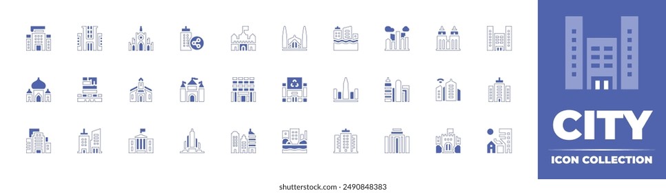 City icon collection. Duotone style line stroke and bold. Vector illustration. Containing castle, mexico, city, architectureandcity, building, officebuilding, tajmahal, office, laermita.