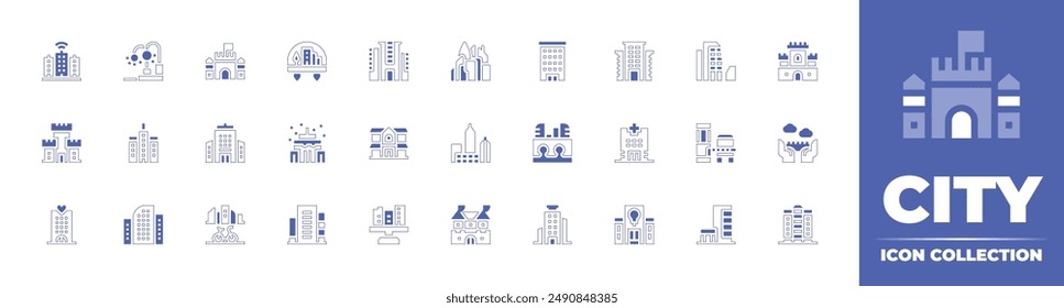 City icon collection. Duotone style line stroke and bold. Vector illustration. Containing castle, architectureandcity, city, skyscraper, skyline, office, condominium, goldenbridge, bank, hospital.