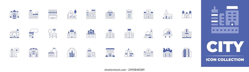 City icon collection. Duotone style line stroke and bold. Vector illustration. Containing nursinghome, city, park, building, officebuilding, village, chimney, townhall.