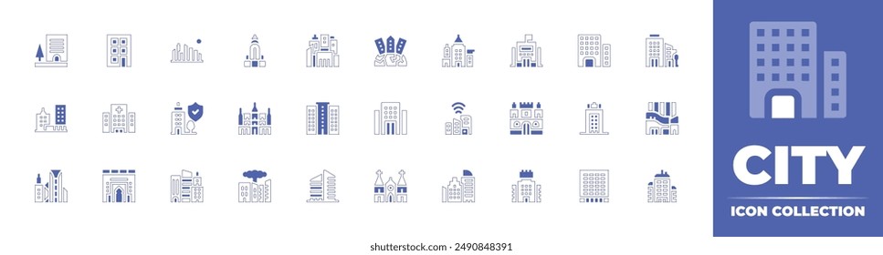 City icon collection. Duotone style line stroke and bold. Vector illustration. Containing building, protection, chryslerbuilding, hospital, brusselscitymuseum, city, skyscraper, cityscape.