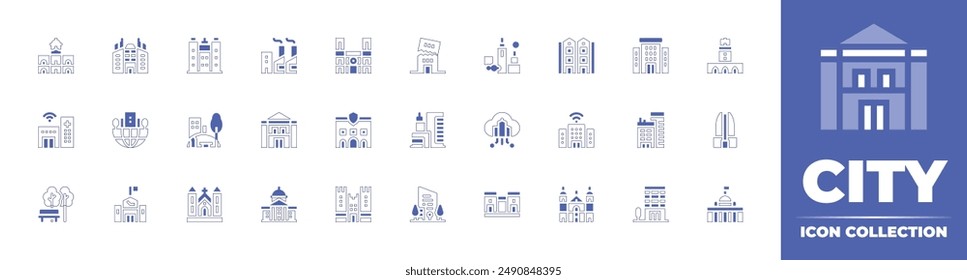 City icon collection. Duotone style line stroke and bold. Vector illustration. Containing park, corporate, architectureandcity, officebuilding, hospital, cabildo, church, skyscraper.