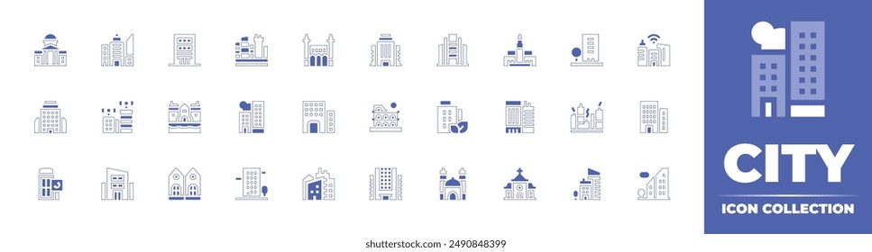 City icon collection. Duotone style line stroke and bold. Vector illustration. Containing city, nairobi, smartcity, goverment, toweroflondon, building, copenhagen, officebuilding.