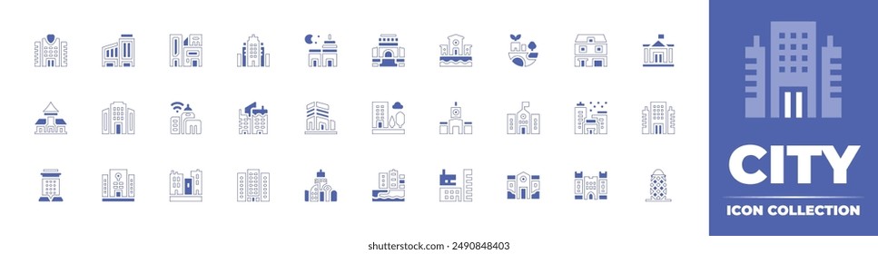 City icon collection. Duotone style line stroke and bold. Vector illustration. Containing kennyattainternationalconferencecentre, researchcenter, migration, castle, company, officebuilding.