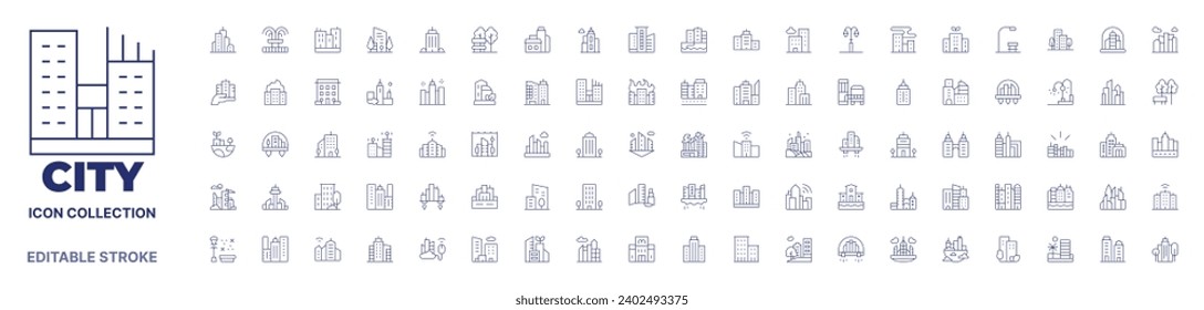 Sammlung von City-Symbolen. Dünne Linie Symbol. Bearbeitbarer Strich. Bearbeitbarer Strich. City-Symbole für Web- und mobile App.