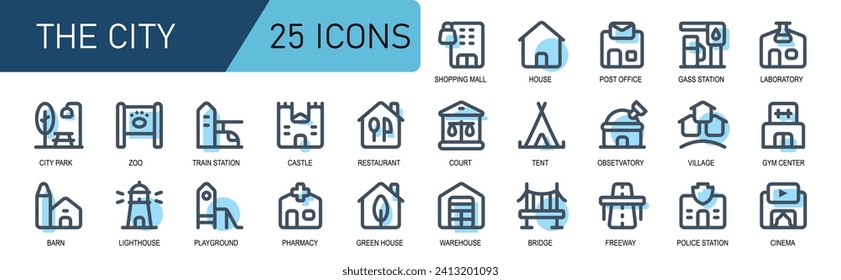 city icon collection.filled line style.contains greenhouse,warehouse,bridge,freeway,police station,cinema,shopping mall,house,post office,gas station,laboratory,gym center.vector illustration.