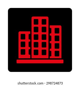 City icon from Commerce Buttons OverColor Set. Vector style is intensive red and black colors, flat square rounded button, white background.