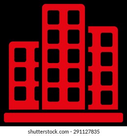City icon from Commerce Set. Vector style: flat symbol, red color, rounded angles, black background.