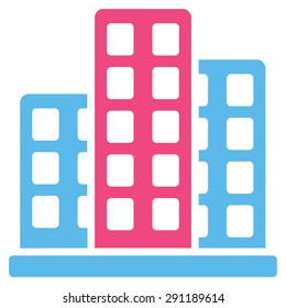 City icon from Commerce Set. Vector style: bicolor flat symbol, pink and blue colors, rounded angles, white background.