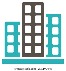City icon from Commerce Set. Vector style: bicolor flat symbol, grey and cyan colors, rounded angles, white background.