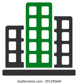 City icon from Commerce Set. Vector style: bicolor flat symbol, green and gray colors, rounded angles, white background.