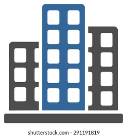 City icon from Commerce Set. Vector style: bicolor flat symbol, cobalt and gray colors, rounded angles, white background.