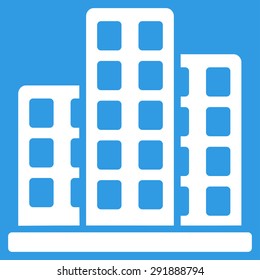 City icon from Commerce Set. Vector style: flat symbol, white color, rounded angles, blue background.
