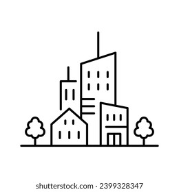 City icon. Houses, skyscrapers, trees. Black contour linear silhouette. Editable strokes. Front view. Vector simple flat graphic illustration. Isolated object on a white background. Isolate.