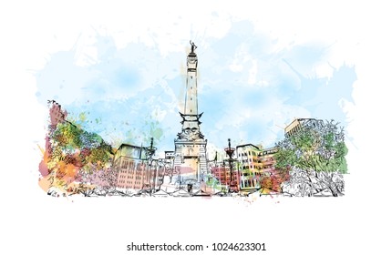 City icon of Indianapolis City in Indiana, USA. Watercolor splash with Hand drawn sketch illustration in vector.