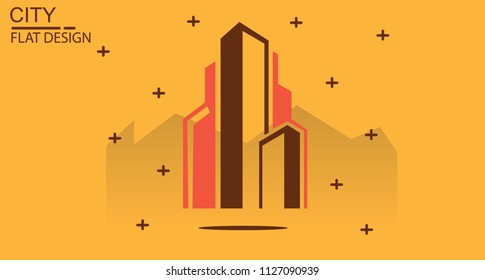 City icon logo Combination Simple Design, Creative design with Brown color, Orange Background Vector Art Illustration.