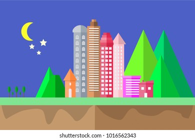 city Icon night time and moon in the sky Landscape geometric shape design concept flat scene design Cityscape Vector Illustration