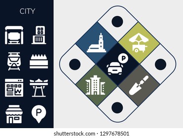  city icon set. 13 filled city icons. Simple modern icons about  - Parking, Shop, Traffic, Giant swing, Subway, Store, Bus stop, Shopping center, Food cart, Hassan mosque, Building